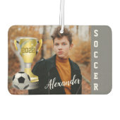 グレーモダンサッカーのスポーツ写真と彼のための名前 カーエアーフレッシュナー (裏面)