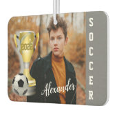 グレーモダンサッカーのスポーツ写真と彼のための名前 カーエアーフレッシュナー (左)