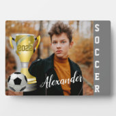 グレーモダンサッカースポーツ写真と彼の名前 フォトプラーク (正面)