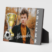 グレーモダンサッカースポーツ写真と彼の名前 フォトプラーク (側面)