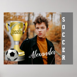 グレーモダンサッカースポーツ写真と彼の名前 ポスター