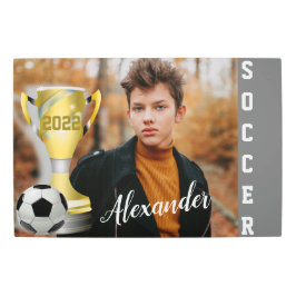 グレーモダンサッカースポーツ写真と彼の名前 メタルプリント