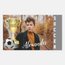 グレーモダンサッカースポーツ写真と彼の名前 長方形シール
