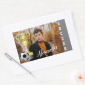 グレーモダンサッカースポーツ写真と彼の名前 長方形シール (封筒)