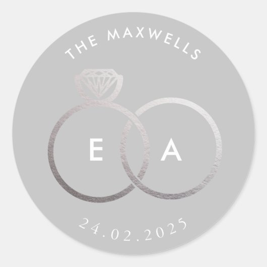 グレーモダンシルバーリングや輪カスタムウェディングステッカー ラウンドシール (正面)