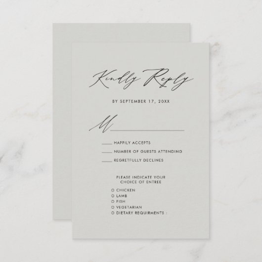 グレーモダンスクリプエレガントトのミニマル結婚式RSVP エンクロージャーカード (正面/裏面)