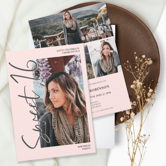 グレーモダンスクリプト4枚の写真ピンク甘い16 招待状