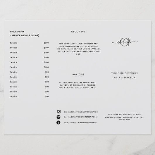 グレーモダンスタイリストサロン価格表サービスメニュー (正面)