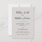 グレーモダンタイポグラフィミニマル結婚ラリスト セーブザデート (裏面)