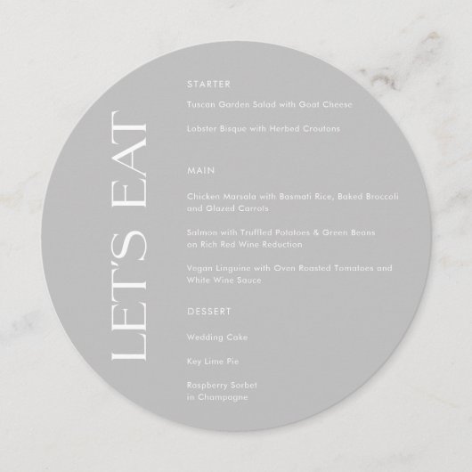 グレーモダンタイポグラフィレッツ食べのメ結婚ニュー メニュー (正面)