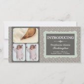 グレーモダンティール（緑がかった色）花写真ベビー発表 案内状 (正面)