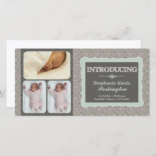 グレーモダンティール（緑がかった色）花写真ベビー発表 案内状 (正面/裏面)