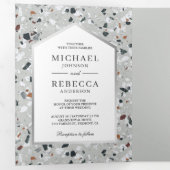 グレーモダンテラゾタイル写真QRコー結婚ド 三つ折り招待状 (内部最初)