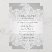 グレーモダンパールホワイトレースビンテージ結婚式 招待状 (正面/裏面)