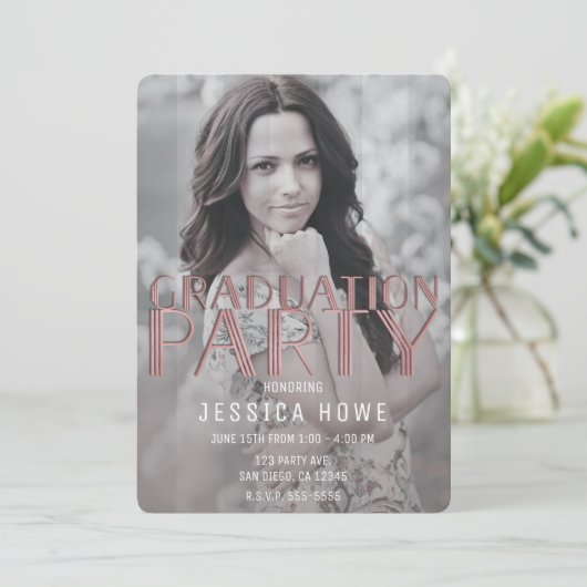 グレーモダンピンク卒業パーティーの卒業写真 招待状 (スタンド正面)