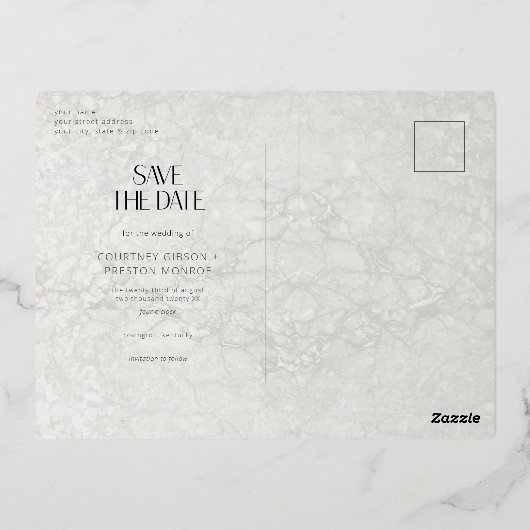 グレーモダンフォトウェディング日付の保存 箔シーズンポストカード (裏面)