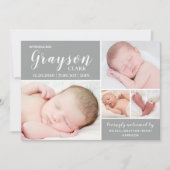 グレーモダンフォトコラージュ男の赤ちゃん誕生 案内状 (正面)