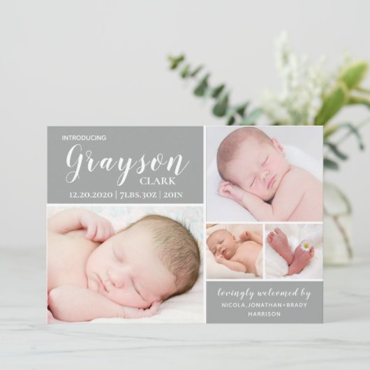 グレーモダンフォトコラージュ男の赤ちゃん誕生 案内状 (スタンド正面)