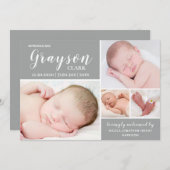 グレーモダンフォトコラージュ男の赤ちゃん誕生 案内状 (正面/裏面)