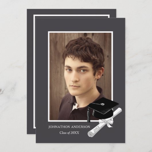 グレーモダンフォト卒業パーティー発表 招待状 (正面/裏面)