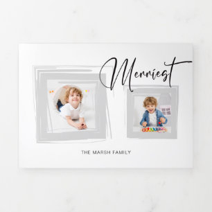 グレーモダンブラシストロークフレームでの書/写真 三つ折りクリスマスカード