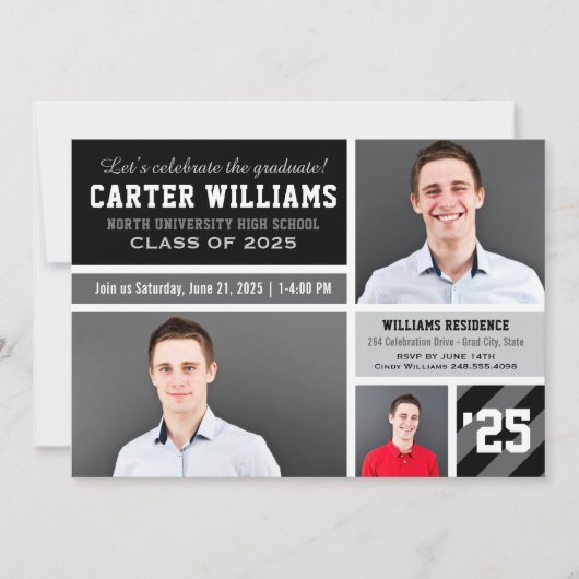 グレーモダンブラックストライプの卒業写真コラージュ 招待状 (正面)