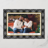 グレーモダンブラックバッファロープレイドクリスマスフォト 箔シーズンカード (正面)