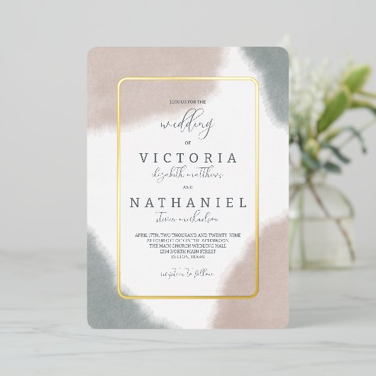 グレーモダンブルーテラコッタウォーター結婚カラーズフォイ 箔招待状 (立ち正面)