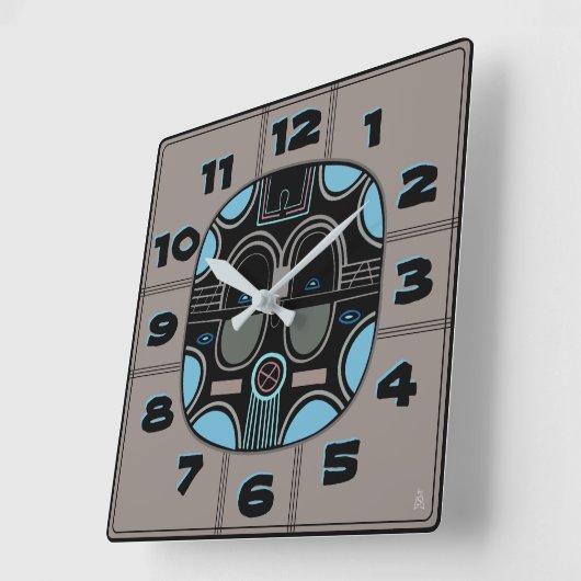 グレーモダンブルーブラックのアフリカの部族マスク スクエア壁時計 (傾斜)