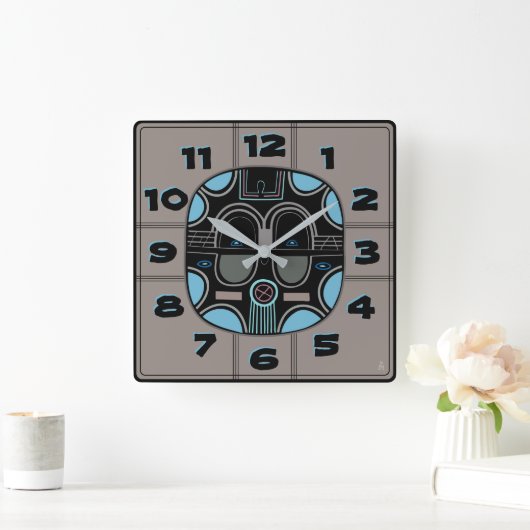 グレーモダンブルーブラックのアフリカの部族マスク スクエア壁時計 (ホーム)