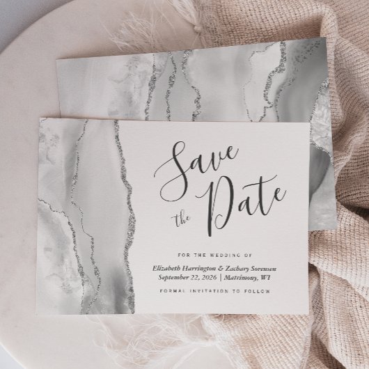 グレーモダンホワイトシルバーAgate日付カードを保存 招待状