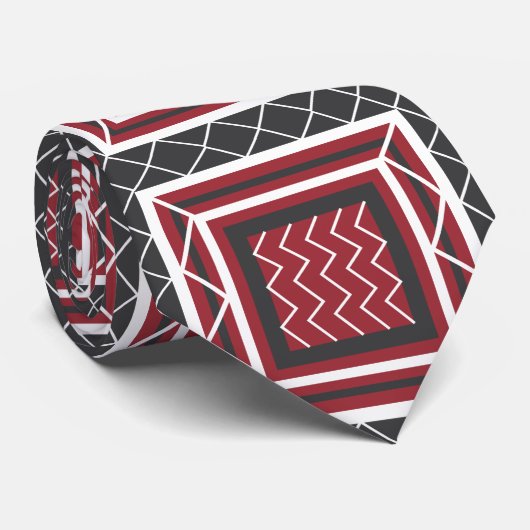 グレーモダンホワイトレッドスクエアシェブロンストライプ ネクタイ (ロール)