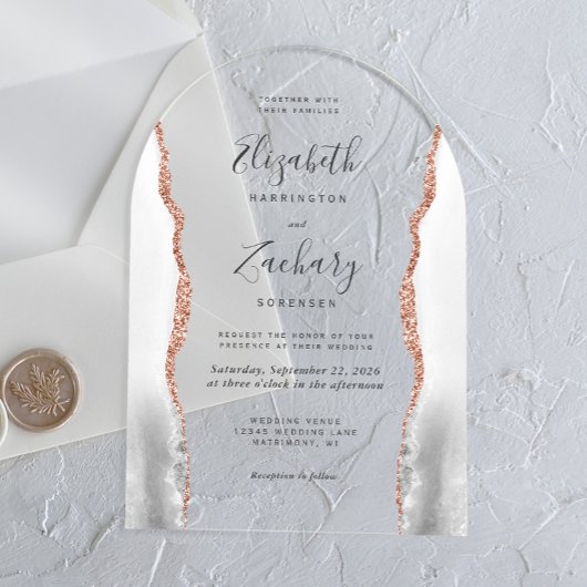 グレーモダンホワイトローズ金ゴールドアガテアーチ結婚ズ アクリル招待状