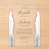 グレーモダンホワイトローズ金ゴールドアガテアーチ結婚ズ アクリル招待状 (正面)