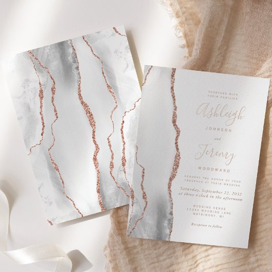 グレーモダンホワイトローズ金ゴールドアゲート結婚ト 箔招待状