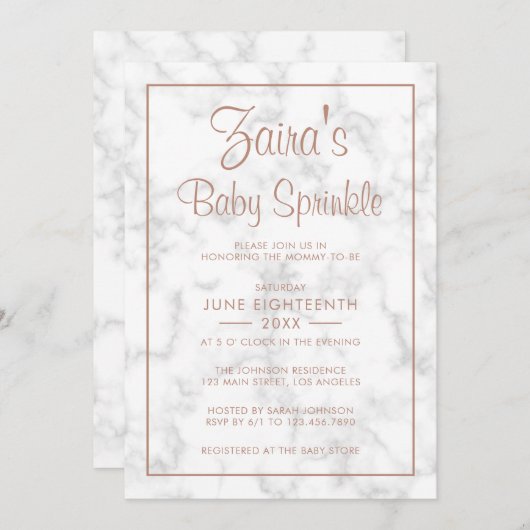 グレーモダンマーブルバラ金ゴールドガールベビー散水 招待状 (正面/裏面)