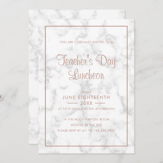 グレーモダンマーブルバラ金ゴールド先生の日 招待状 (正面/裏面)