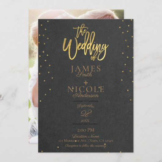 グレーモダンミニマルゴールドフォイル全写真結婚ズ 招待状 (正面/裏面)