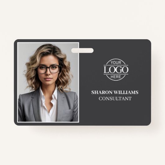 グレーモダンミニマル会社従業員の写真ID バッジ (正面)