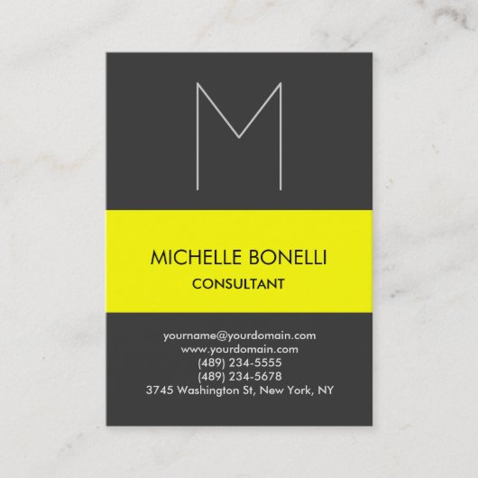 グレーモダンモノグラムストライプのイエロービジネスカード 名刺 (正面)