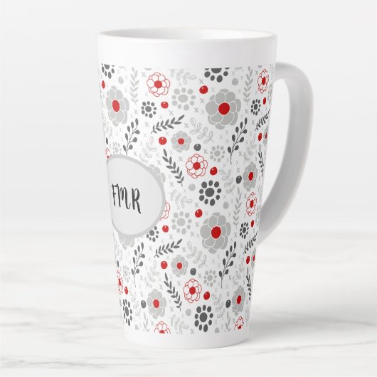 グレーモダンレッドフローラモノグラム カフェラテマグ (右アングル)
