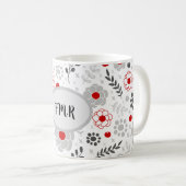 グレーモダンレッドフローラモノグラム コーヒーマグカップ (正面右)