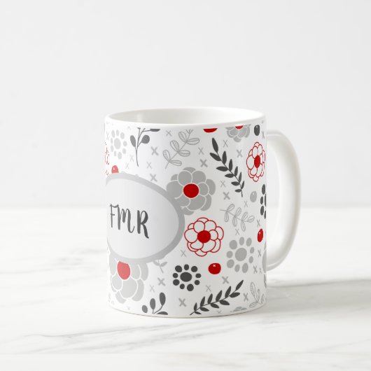 グレーモダンレッドフローラモノグラム コーヒーマグカップ (正面右)