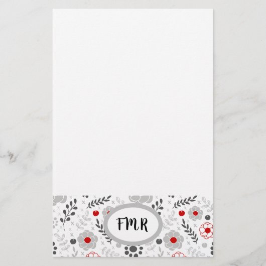 グレーモダンレッドフローラモノグラム 便箋 (正面)