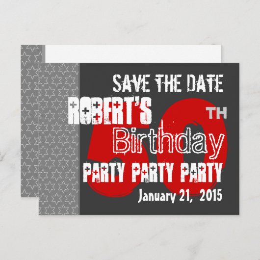 グレーモダンレッド日付50誕生日46Wを保存 案内ポストカード (正面/裏面)