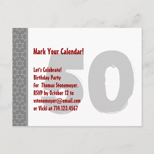 グレーモダンレッド日付50誕生日46Wを保存 案内ポストカード (裏面)