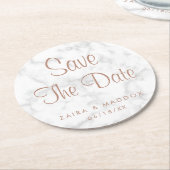 グレーモダン大理石とバラ金ゴールド日付の保存 ラウンドペーパーコースター (アングル)