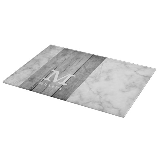  グレーモダン大理石と木科の名前モノグラム  カッティングボード (角)