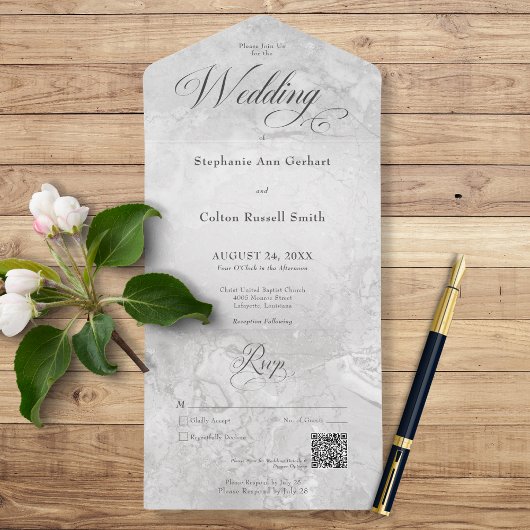 グレーモダン大理石ミニマルQRコード オールインワン招待状