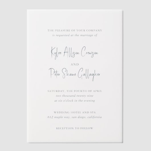 グレーモダン手書きスクリプトエレガントな結婚式 ベラム紙招待状 (正面)